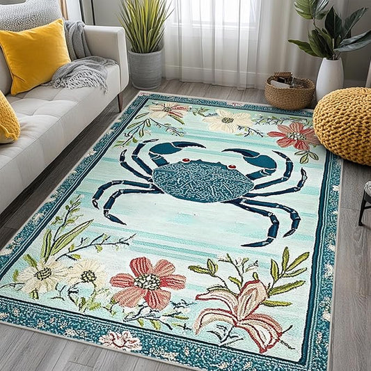 4x6 Crab Area Rugs Boho Teal Rug for Living Room Indoor Soft Non-Slip Thin Large Carpet Floral Flower Rugs for Bedroom Home Decor Under Table Washable Machine