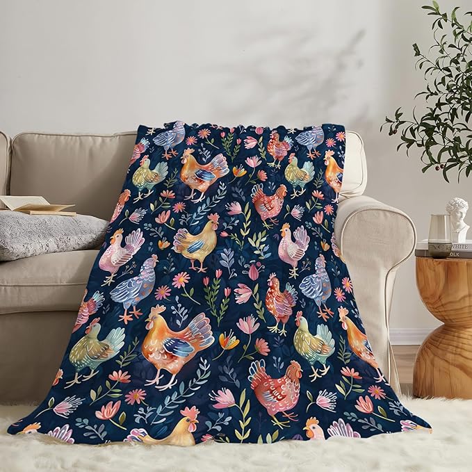 Chicken Blanket Gifts for Girls Boys Lovers Soft Warm Plush Chicken Floral Throw Blanket Flannel Fleece Fuzzy Hen Stuff Blanket for Bed Couch Living Room Decor 60"X50"