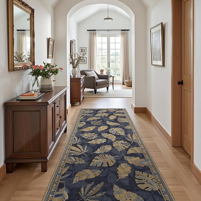 GENIMO Runner Rug 2x7 Non Slip Machine Washable Hallway Runner Rug, Low Pile Lightweight Rugs for Entryway, Hallway, Kitchen and Corridor, Leafy Twilight