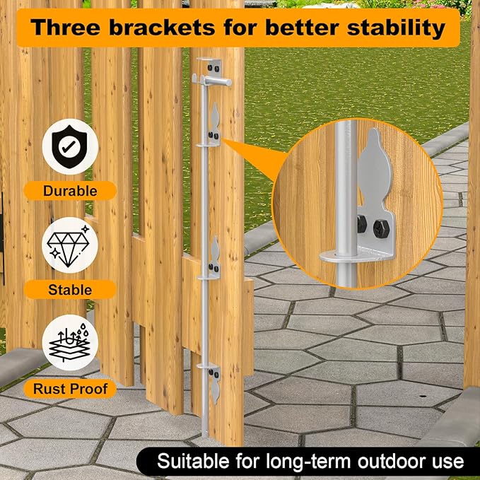 24" Cane Bolt Drop Rod for Gate, Heavy Duty Gate Latch for Wooden Fence Metal Gates, Gate Ground Stopper Hardware for Wood PVC Vinyl Metal Gates, 2 Pack Silver