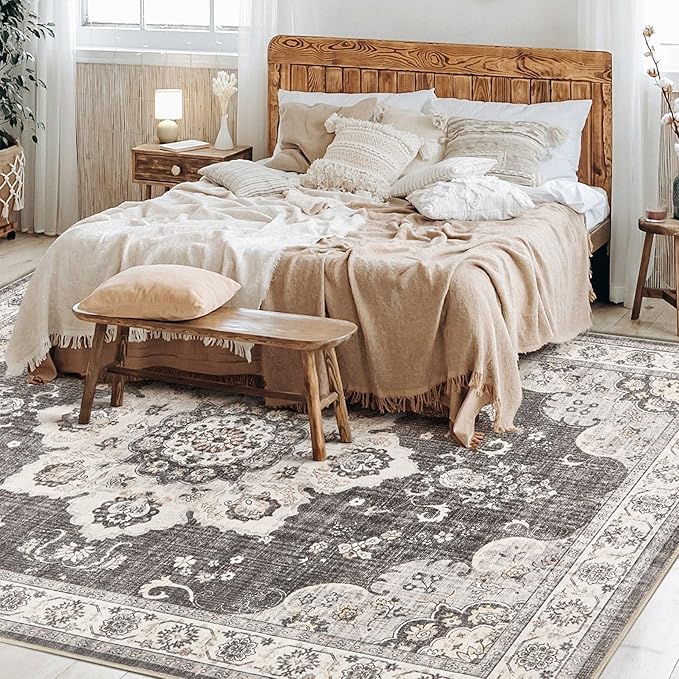 Area Rug for Living Room - 6x9 Soft Washable Oriental Vintage Floral Distressed Large Carpet - Fade Stain Resistant Non Slip Rugs for Bedroom Dining Room Nursery Dorm Office Home Decor - Brown/Grey