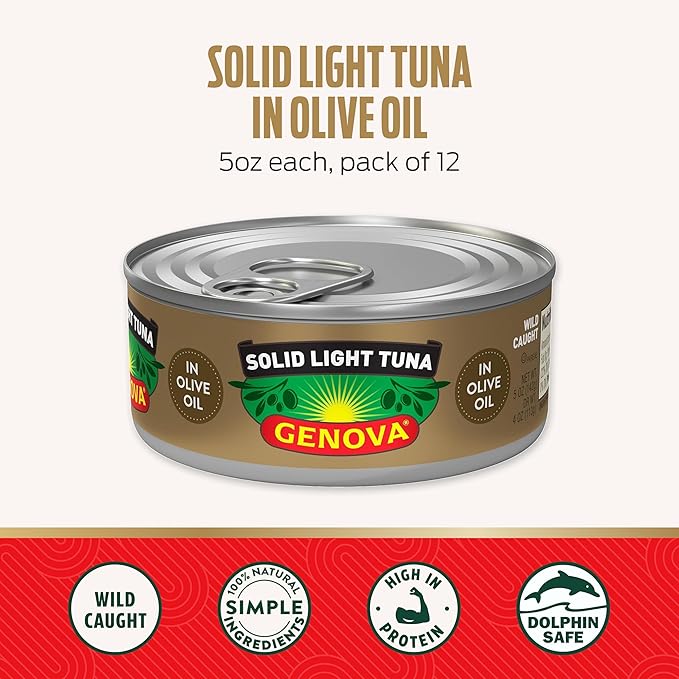 Genova Premium Solid Light Tuna in Olive Oil, 5 Ounce Cans, 12-Pack – Nutrient Rich, High Protein Canned Tuna Fish - Delicious, Easy, Nutritious Ready to Eat Meals