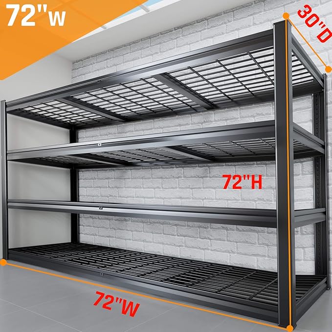 72" W Storage Shelves Heavy Duty Garage Shelving 30" D Metal Shelving Unit, 4 Tier Adjustable Shelves, 3500LBS Steel Industrial Shelving for Basement Warehouse Commercial, 72" W*30" D*72”H