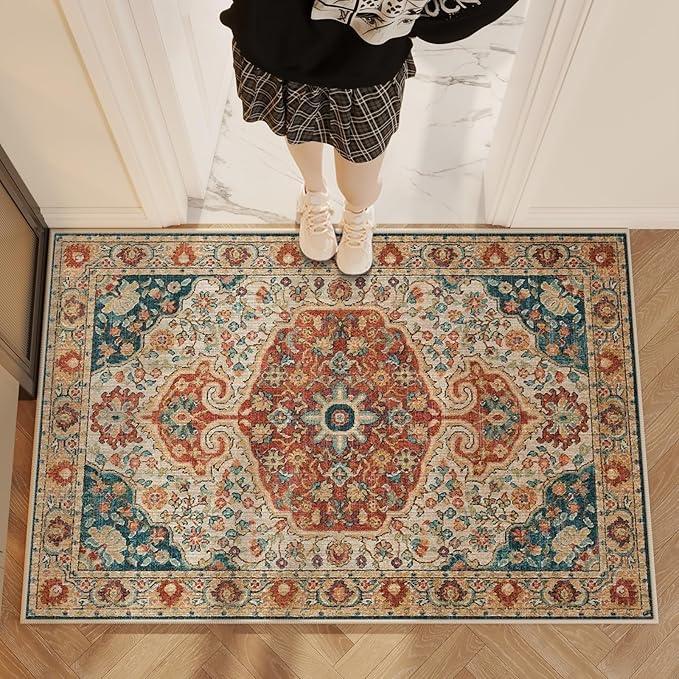 Area Rug 2x3 Door Mat,Washable Rugs,Stain Resistant Soft Thin Rug,Vintage Home Decor Non-Slip Rugs,for Bedroom,Office,Farmhouse,Front Door,Entryway