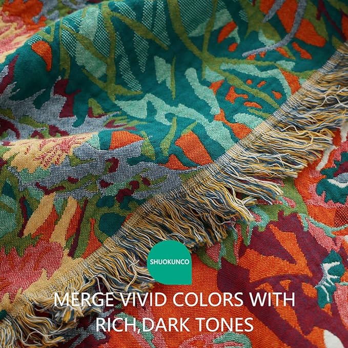 Boho Throw Blanket for Bed 100% Cotton Ultra Soft Rustic Quilt Floral Printed Farmhouse Decor Fall Bed Blankets,90"×98" All Season Rustic Large Throw for Sofa Couch Chair
