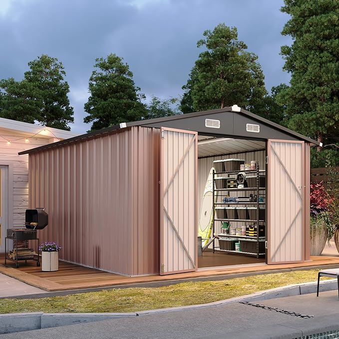 Aoxun 10x12 Shed with Brown Floor Galvanized Steel Outdoor Storage Shed Metal Garden Shed with Moisture-Proof Floor & Ventilation, Sloped Roof for Bike/Generator/Tool Storage (Brown Floor Included)