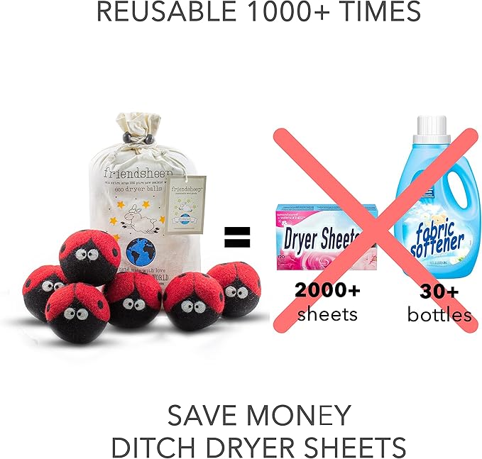 Friendsheep Wool Dryer Balls, Organic Reusable Fabric Softener Alternative for Laundry, Handmade, Fair Trade, Hypoallergenic, Eco-Friendly, Plastic-Free (6 Pack XL – Ladybugs)