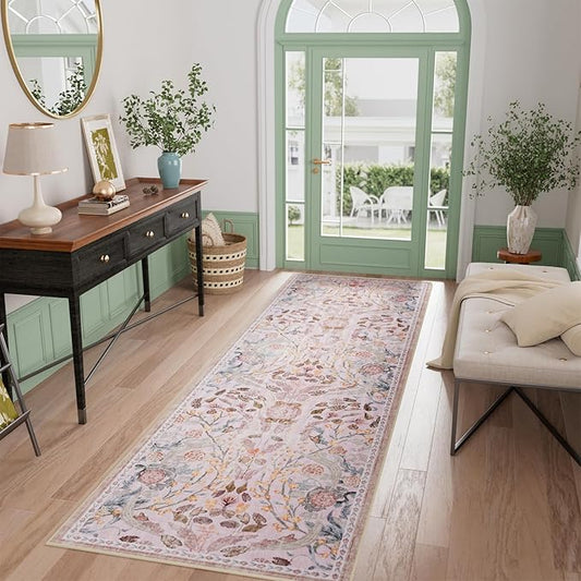 AMTOVO 2.7x8 Runner Rug for Hallway, Washable Non-Slip Long Kitchen Carpet, Floral Vintage Distressed Floor Mat for Hallways Entryway Living Room Laundry Room Bathroom Farmhouse, Pink