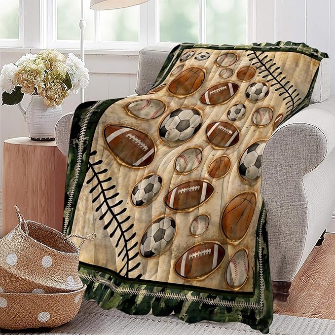 Vintage Sports Soccer Blanket Ultra Soft Cozy Plush Baseball Basketball Football Throw Blanket Sport Ball Fans Lovers Gifts Kids Adults Lightweight Flannel Comfy Blankets for Couch Sofa Bed 50"x40"
