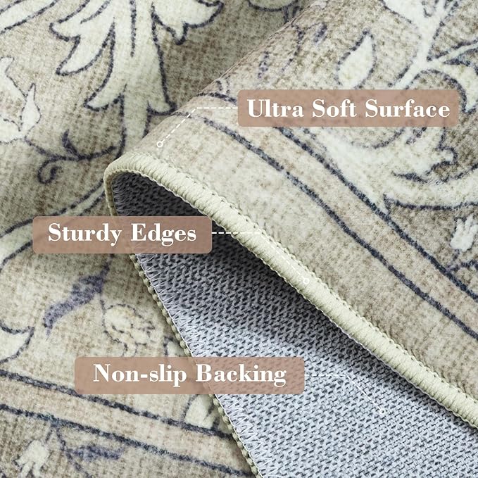 Collive 8x10 Area Rugs for Living Room, Washable Neutral Hand-Painted Floral Bedroom Rug, Vintage Distressed Non Slip Low Pile Large Carpet, Soft Retro Dining Room Office Rug, Taupe