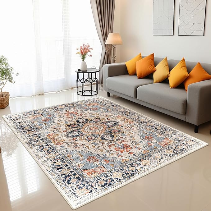 Area Rugs Washable Non-Slip, Floral Vintage Distress Print Pattern Medallion Carpet for Living Room Bedroom Dining Room, Beige Navy Blue Orange Colorful (Blue, 5' x 7')