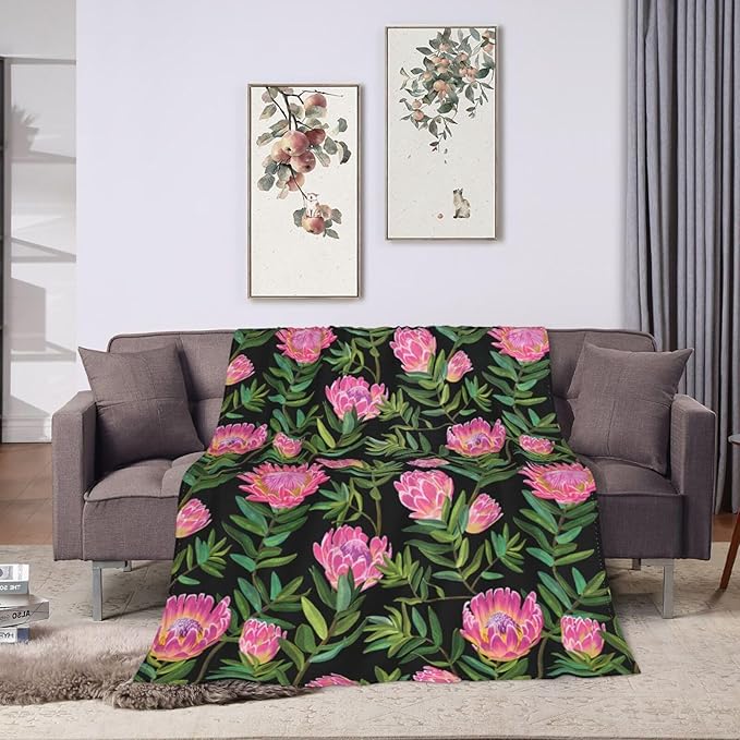 Protea Flower Blanket Ultra Soft Cozy Plush Farmhouse Floral Throw Blanket Wildflower Lovers Gifts for Girls Women Kids Adults Lightweight Flannel Comfy Blankets for Couch Sofa Bed 60"x50"