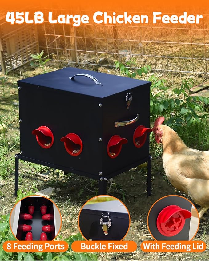 Automatic Chicken Feeder –45LB 8 Feeding Ports,Large Metal Chicken Feeders - No Waste Poultry Feeder with Locking Lid and Legs for Inside Coops