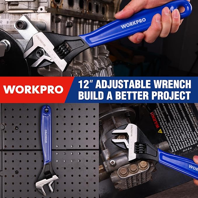 WORKPRO 12-Inch Adjustable Wrench, Wide Jaw Black Oxide Cr-V Steel Wrench, Metric & SAE Scales, for Home, Garage, Workshop and DIY