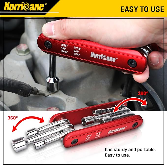HURRICANE 6 in 1 Folding Nut Driver Set SAE, Hex Nut Driver Set, Cr-V Steel Shank. Premium Portable Premium Aluminum Handle. Easy to Carry Out, 3/16, 1/4, 5/16, 11/32, 3/8, 7/16 inch