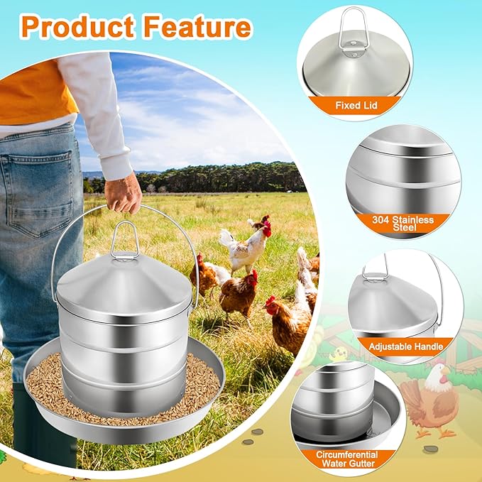 RYFT Automatic Chicken Feeder 8KG/17.6lbs, Stainless Steel Poultry Feeder, Heavy Duty Thickness 0.035 in / 0.9 mm, with Handle, Top Filled, Durable and Rust Resistant