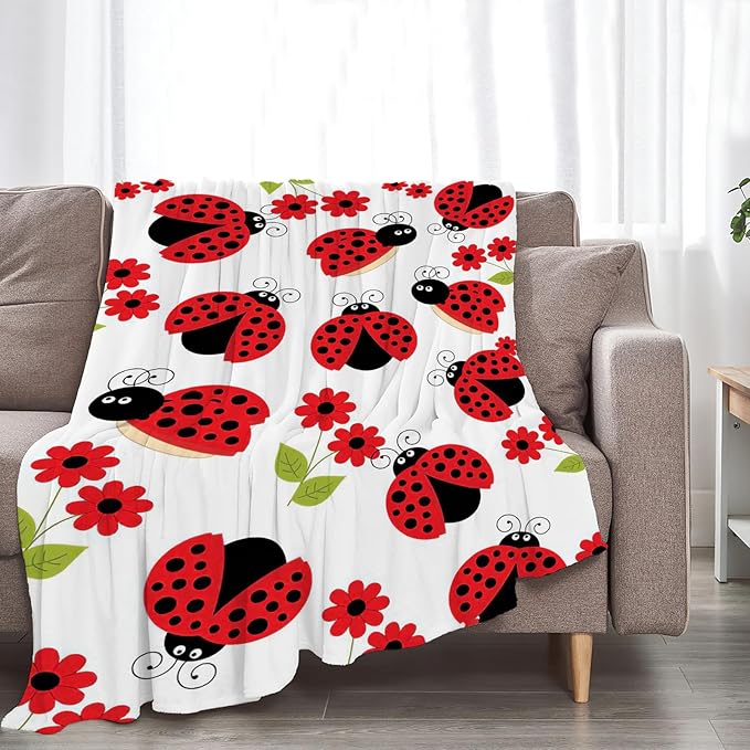 Ladybug Blanket, Lady Bug Cartoon Throw Blankets, Flower Green Leaves Fuzzy Plush Blanket Ultra Soft for Animal Lover Gift Kids Teens Women Men Girls Boys Stuff Decor for Bedding Sofas Couch 60"X50"