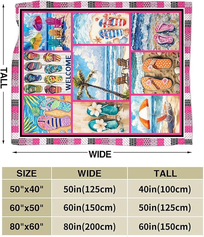 Coastal Blanket Ultra Soft Cozy Ocean Beach Palm Tree Throw Blanket Fleece Fuzzy Plush Bedding Blanket Beach Flip-Flops Decor Gifts for Women Girls Adults Couch Sofa 50"x40"