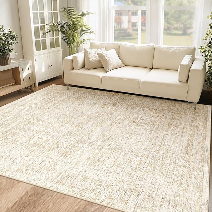 Washable Area Rug 5x7: Moroccan Rug for Living Room Geometric Boho Rug Farmhouse Non Slip Stain Resistant Rugs Low Pile Soft Carpet for Bedroom Dining Room Home Office Children Room (Beige,5'x7')
