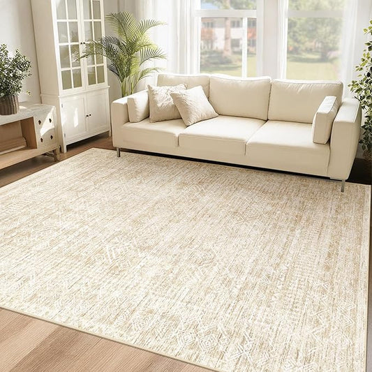 Washable Area Rug 5x7: Moroccan Rug for Living Room Geometric Boho Rug Farmhouse Non Slip Stain Resistant Rugs Low Pile Soft Carpet for Bedroom Dining Room Home Office Children Room (Beige,5'x7')