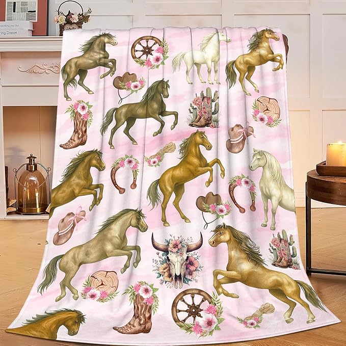 Western Cowgirl Throw Blanket Pink Cowgirl Horse Flannel Blankets Southwest Horses Plush Super Soft Cozy Warm Decor Gifts for Boys Girls Kids Adults Men Women 40" x 50"