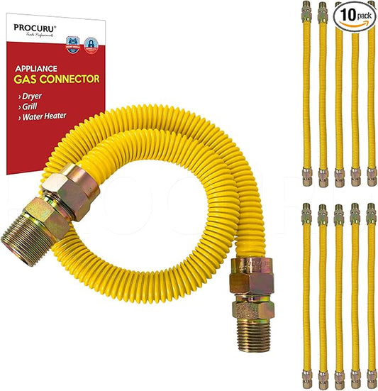 [10-Pack] PROCURU Wholesale 1/2" OD x 24" (2Ft) x 1/2"MIP x 1/2"MIP Flexible Gas Connector, SafeGuard Yellow-Coated Stainless Steel Gas Tubing for Dryer, Bbq Grill, Water Heater (Red-6G1224K-10P)