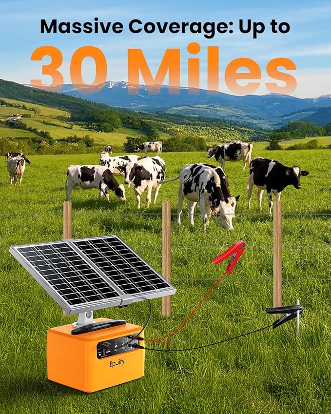 30-Mile Solar Electric Fence Charger for Livestock Safety, 0.3-1.5 Joules Adjustable Energizer with 12000mAh Battery, 24/7 Solar Fence Charger with Smart Voltage Display for Raccoon, Deer Control