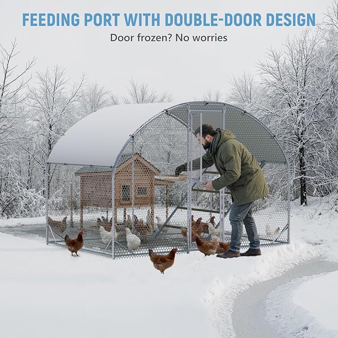 Large Chicken Coop,10x6.5x6.5FT Metal Chicken Run for Yard with Feeding Door, Round Top Walk-in Chicken Pen,Outdoor Poultry Cage with Anti-UV Cover,Rabbit Duck House