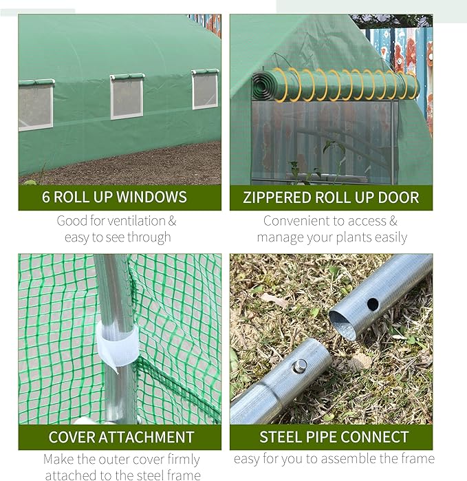 Outsunny 11.5' x 10' x 6.5' Outdoor Walk-in Greenhouse, Tunnel Green House with Roll-up Windows, Zippered Door, PE Cover, Heavy Duty Steel Frame, Green