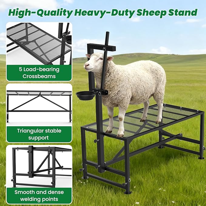 Goat Stand for Milking with Feed Bin, 400LBs Metal Trimming Stand for Sheep Goat with Adjustable Size Goat Milking Stand for Clipping Hooves