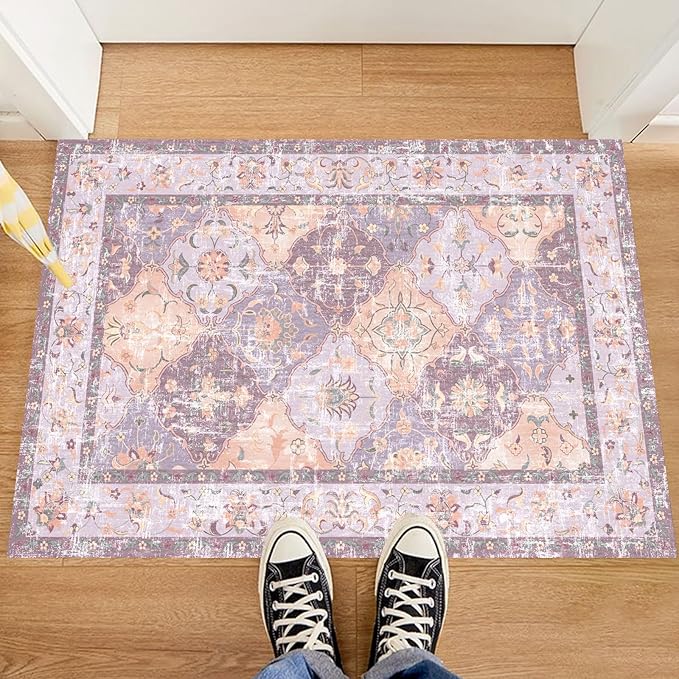 Washable Boho Vintage Area Rugs 2×3 Non-Slip Traditional Mauve Purple Area Rug Doormat for Bathroom Kitchen Entryway