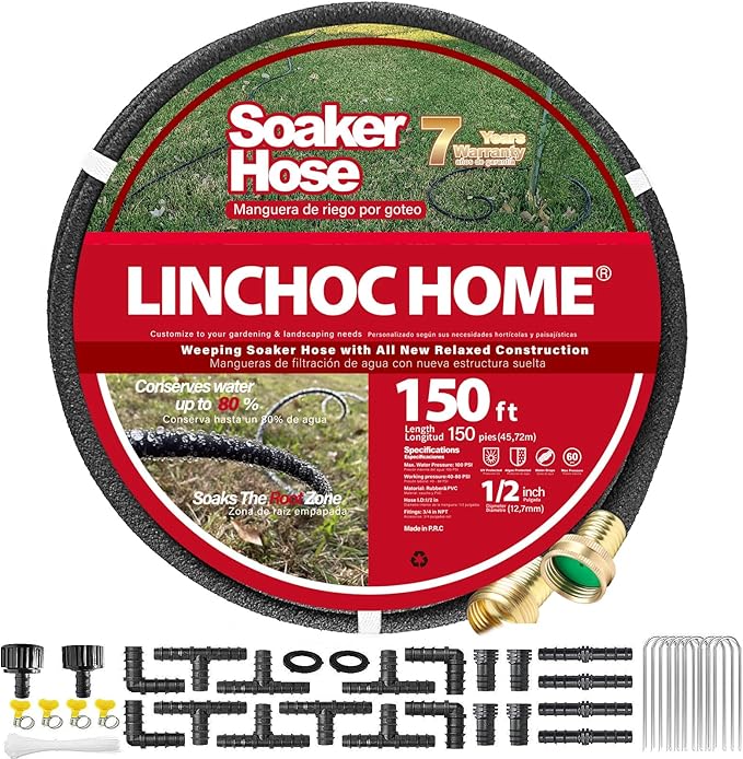 1/2 Inch Solid Brass Soaker Hose | Heavy Duty Leakproof Garden Hose for Gardens, Lawns & Landscaping | Flexible Eco-Friendly Design(150FT KIT)