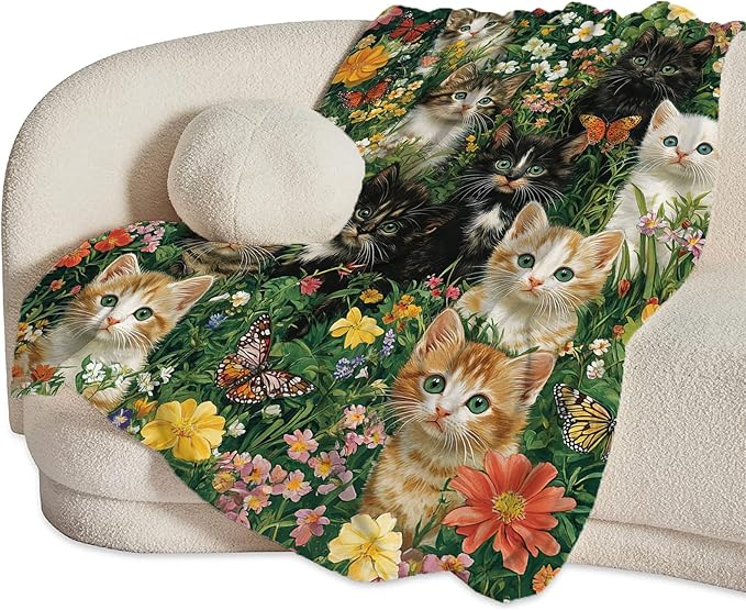 Cat Throw Blanket Ultra Soft Cozy Deer Flower Cats Blanket Fleece Fuzzy Plush Cat Lovers Decor Gifts for Women Girls Adults Couch Sofa 60"x50"
