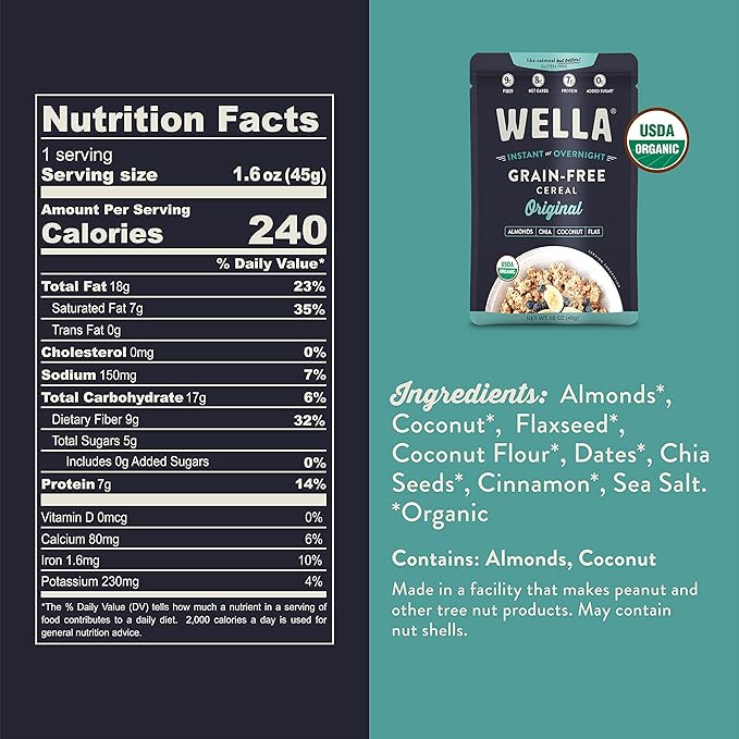Wella Cereal Oatmeal Alternative, Gluten-Free Breakfast Hot Cereal, Grain-Free Paleo Organic Vegan High Protein Superfood, Plant-Based Non-GMO, Low in Net Carbs, Single-Serve Packets, Original Flavor (5 Count, 1.6 oz. Packets)