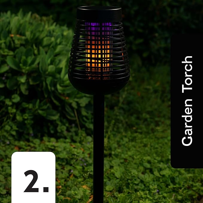 PIC Bug Zapper, 600V Solar Powered Insect Trap & Fly Zapper for Outdoor Use, LED Flickering Flame, Activates Automatically in Dark, Weatherproof Outdoor Fly Trap, Kills Bugs on Contact, Twin Pack