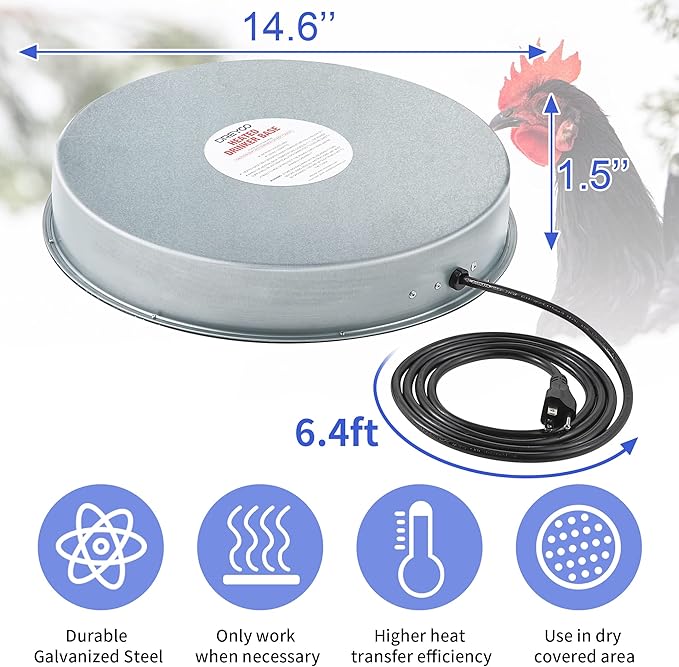 Dreyoo Poultry Waterer Drinker Heated Base, Chicken Water Heater 125 Watts for Winter Deicer Heated Base, Pet Water Heater for Metal Poultry Founts (1)