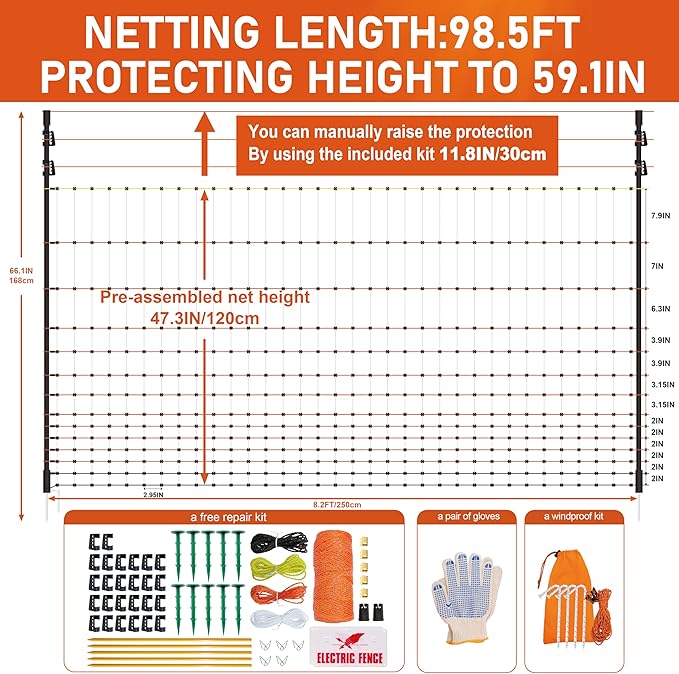 2 Rolls Poultry Electric Netting Fence - 47.3''H (can be Manually Raised to 59.1''H) x (98.5'L+65.6'L) for Flying Chicken, Sheep, Goats in Farms, Ranches and Gardens, PK2
