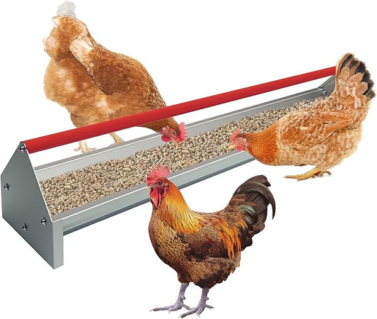 GarveeLife Large Chicken Feeder Trough 45" Long, Heavy Duty Galvanized Steel Metal Feeder for Chicken, Duck with Drainage Holes & Crossbar, Poultry Feeding Trough Red