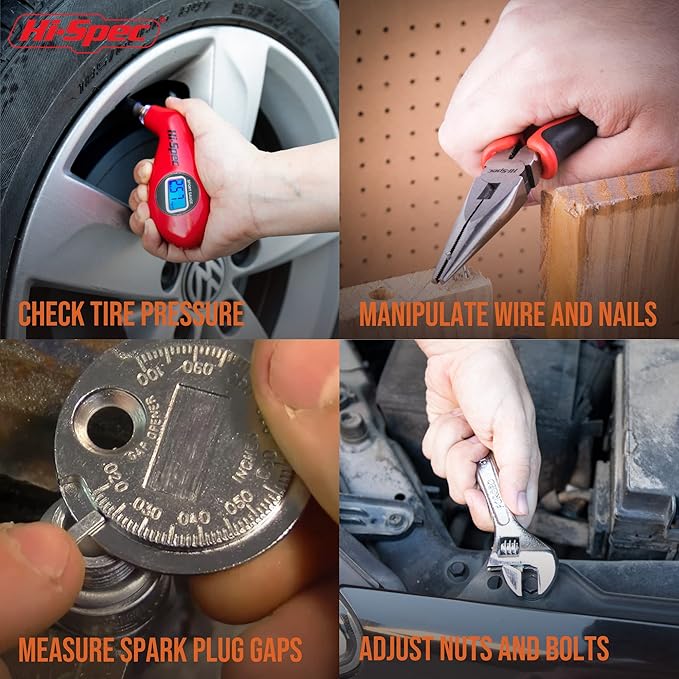 Hi-Spec 65pc Compact Auto Garage Tool Kit Set with Digital Tire Pressure Gauge. Essential Car Vehicle Repair Tools in a Toolbox Case of Screwdrivers, Sockets, Wrench and Magnetic Pickup
