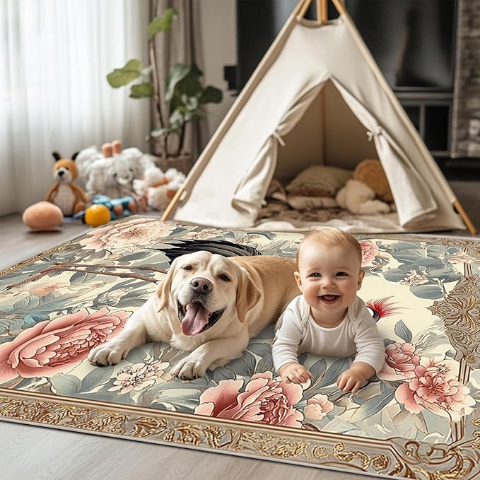 4x6 Crane Area Rugs Boho Japanese Crane Floral Rug for Living Room Indoor Soft Non-Slip Thin Large Carpet Beige Rugs for Bedroom Home Decor Under Table Washable Machine