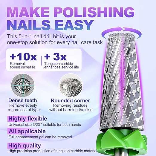 Fantexy 3/32" Carbide Nail Drill Bit - Remove Acrylic Hard Gels Quickly and Safely, 5-in-1 Tungsten Carbide Nail Drill Bit for Nail Art,Manicure,Pedicure,Gel,Cuticle Clean (Coarse - C)