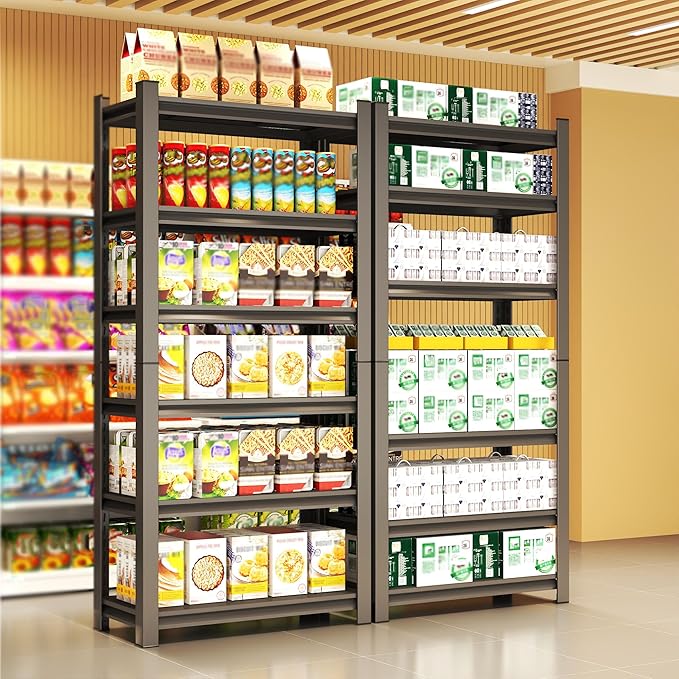 Storage Shelves, Garage Metal Shelving Unit, Adjustable, Double-Layer Column with Reinforced Ribs, Heavy-Duty, Capable of Bearing 600-3600 lbs (Black, 77 * 45 * 18, 6-Tier)