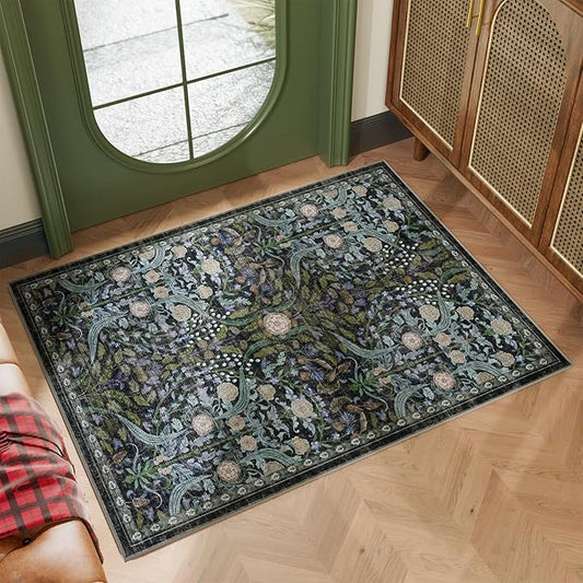 AMTOVO 2x3 Washable Entryway Area Rug Door Mat, Vintage Boho Floral Distressed Print Non-Slip Carpet, Small Throw Rug for Indoor Entrance Kitchen Bedroom Bathroom Laundry Floor, Black