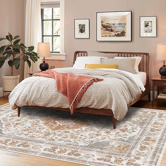 Vhong Boho Area Rugs Vintage Washable Modern Neutral Large Carpet Brown and Grey 8×10 High Traffic Rugs for Dinning Room Living Room Bedroom Farmhouse Non Slip