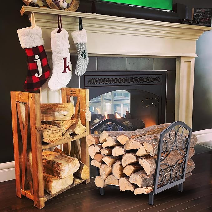 GREEN PARTY 17 Inch Small Firewood Rack Indoor/Outdoor Metal Firewood Holder, Decorative Fire Log Holder for Fireplace,Fire Pit,Heavy Duty Wood Rack,Wood Stove Accessories,17" L X 13" W X 15.5" H