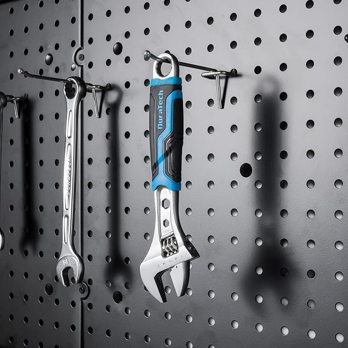 DURATECH 8 Inch Adjustable Wrench, 3-in-1 Spanner with Box End/Hex Function, CR-V Steel, Metric & SAE Scales, Chrome-plated, Bi-material soft Grip