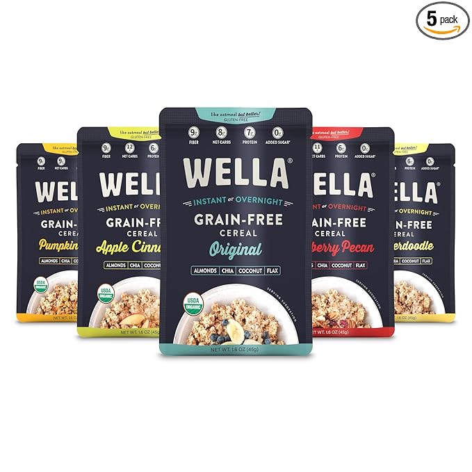 Wella Hot Cereal Oatmeal Alternative, Gluten-Free Breakfast, Grain-Free Paleo Organic Vegan, Protein, Fiber, Variety Pack (5 Count, 1.6 oz. Packets)