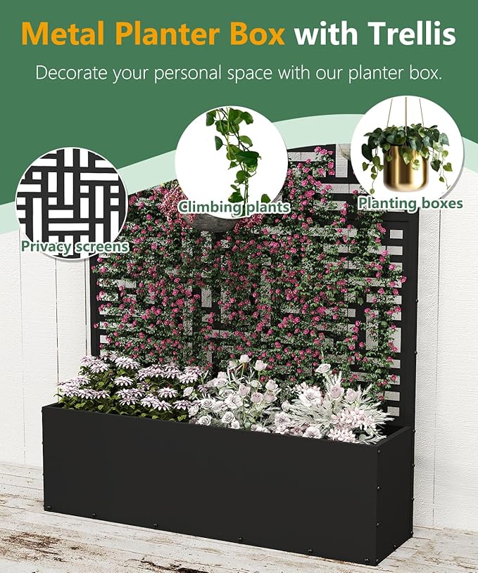 Metal Planter Box with Trellis,70.9"x47.2"x15.7" Raised Garden Bed with Drainage Holes, Privacy Planters for Outdoor Garden Bed for Climbing Plants,Vegetables,and Vines,2PCS,Black-Modular