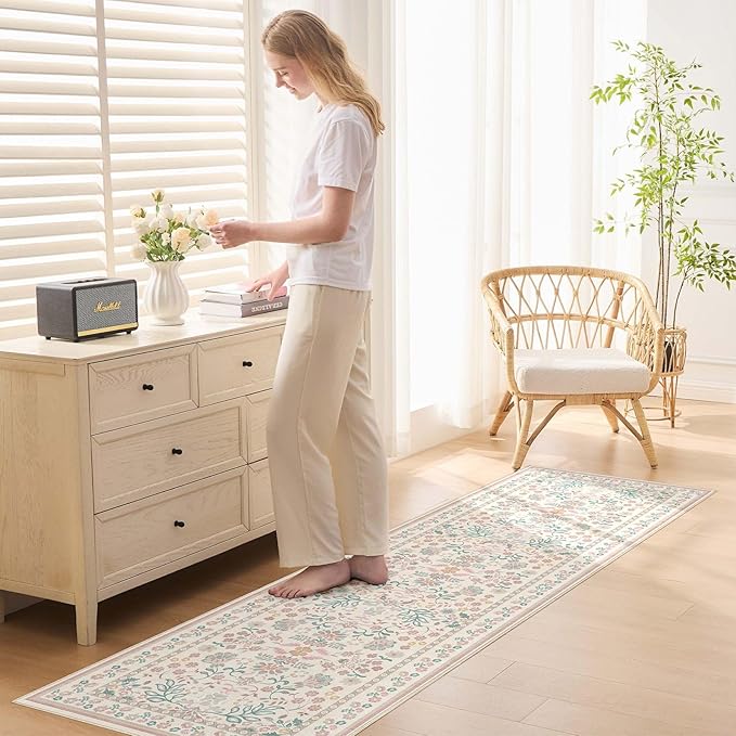 Runner Rug for Hallways Kitchen: 2x6 Washable Area Rug Boho Floral Soft Long Rug - Non-Slip Low Pile Throw Indoor Carpet for Entryway Kitchen Bedroom Laundry Bathroom - Pink