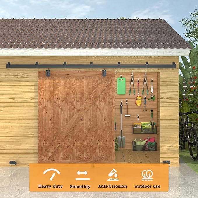 10FT Black Box Rail Exterior Barn Door Hardware Kit, Sliding Heavy Duty Barn Door Track, Wall Mount Barn Door Hardware with 5 Track Brackets(Doors NOT Include）